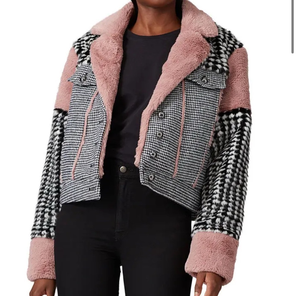 Kendall & Kylie Pink Black White Faux Fur Houndstooth Jacket